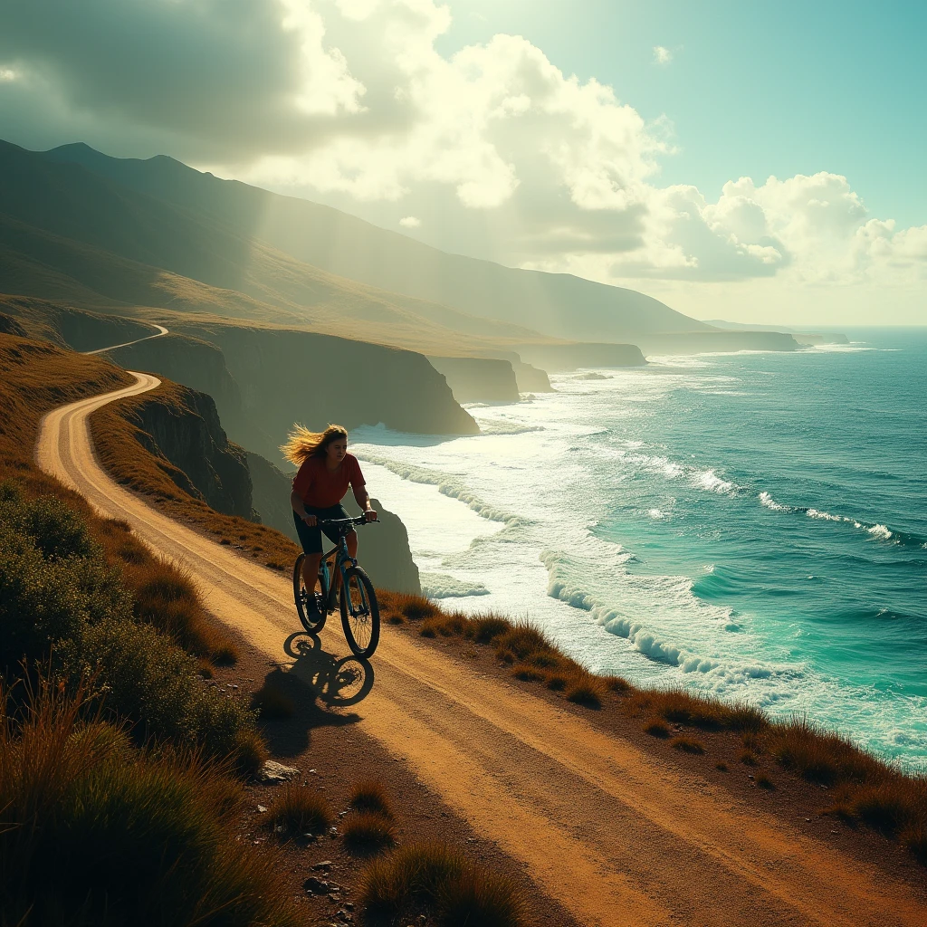 A cyclist rides along the coastline, with the sea breeze gently brushing and the waves crashing against the shore. Using a horizontal perspective to showcase the harmonious coexistence between cyclists and the ocean. Beautiful cinematic lighting, surreal, RAW photo, color graded, dynamic movement, captivating chiaroscuro, full body, award-winning, cinematic still, emotional, vignette, dynamic, vivid, (masterpiece, best quality, photorealistic, Professional, perfect composition, very aesthetic, absurdres, ultra-detailed, intricate details:1.3)
