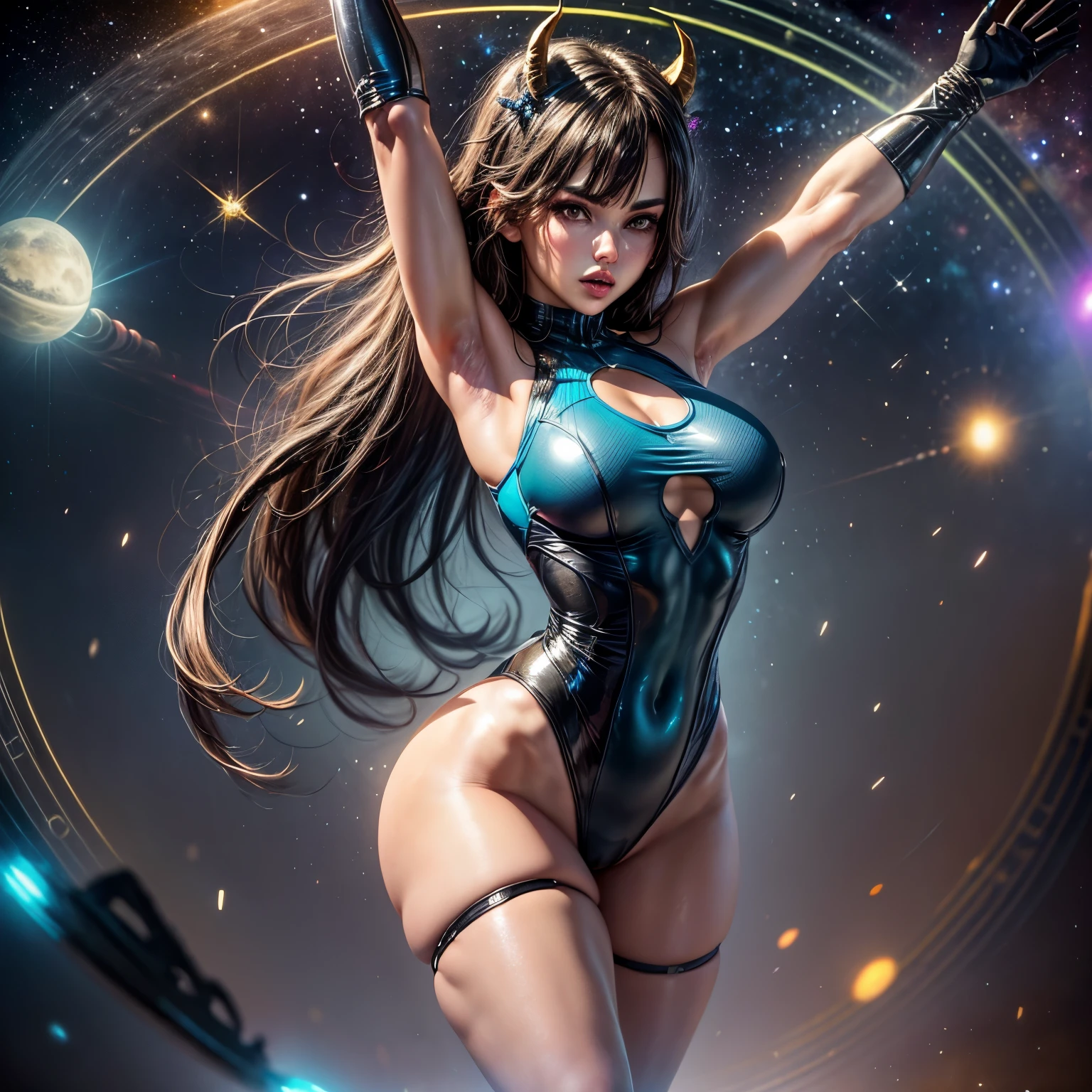 Create an image of a girl, wearing a sleeveless leotard, bare legs, medium breasts, and (matching gloves and boots). she is a (black-haired brunette with bangs, and hazel eyes, wearing a (vibrant blue leotard) with a (taurus\(astrological sign\) (symbol) on her chest). she is standing with legs apart and raised arms, each surrounded by a glowing aura. outer space backdrop, cowboy shot, serious. masterpiece, best quality, hires. diffraction spikes, light particles.
