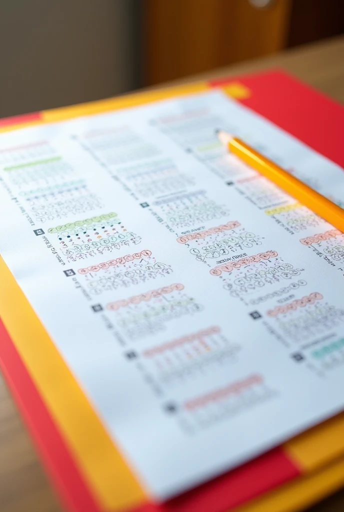 I want a image of perfectly done college exam sheet from exam hall from top view , yellow and red theme