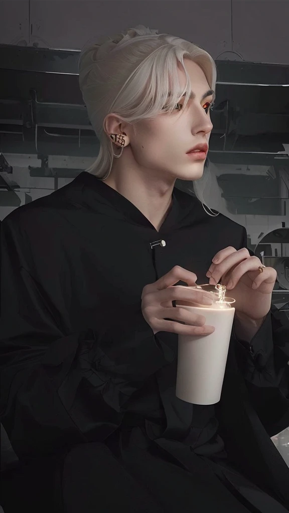 masterpiece, of the highest quality, Alone , (perfect face:1.1), (High detail:1.1), dramatic, (1 chico), Pale skin, (by the wide y blanco puro:1.4), white eyes, Alone, by the wide, snob, albino, sensual lips, devil wizard, volumetric lighting, detailed eyes, cinematic lighting, hyper detailed, intricately detailed, overwhelmingly perfect in pixelsFashion, seductive pose, on side BalenciagaStyle