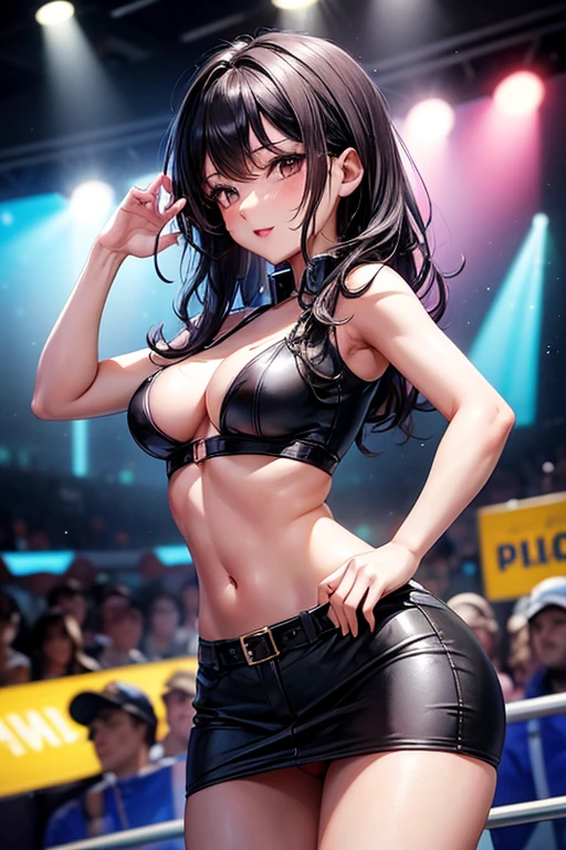 Draw Suzy in 4k quality, a female character with waist-length black hair wearing a sexy police officer costume. Suzy is thin with small breasts but has a very nice big and perky ass.. She is in a nightclub dancing at Poly dance showing her ass to the audience. Small breasts and thin body.