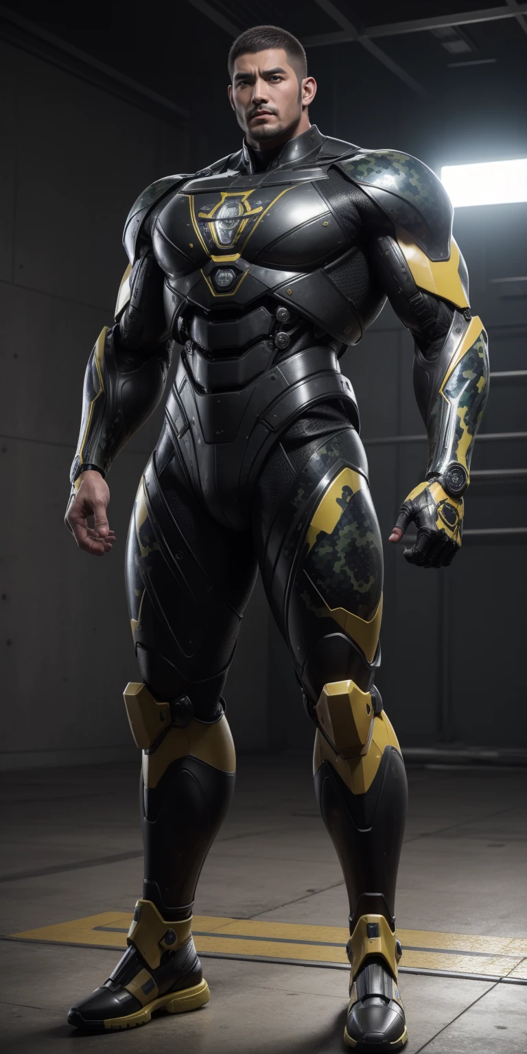 Tall giant muscular police officer,He wears a closed helmet,Headgear,Buzz Cut,Very long legs,Yellow and black camouflage patterned nano mecha,Honeycomb pattern,Lightweight texture,Character Concept(Resident Evil - Chris Redfield,Chris Redfield)senior police officer,Small grid texture,Regular symmetrical texture pattern,Sad expression,Deep and charming eyes,Standing in a bright mechanical laboratory,Emerald Eyes Hero,Heroic male pose,高大Burly,muscular!Attractive leg muscles,High target, Burly, Heqiang, Super Buff and Coolness, High Resolution Committee, Bigfoot yellow-gray ultra-thin nano-mechanical boots,Charismatic strongman,The bright sunshine shines on you,Matte particles,Shiny texture