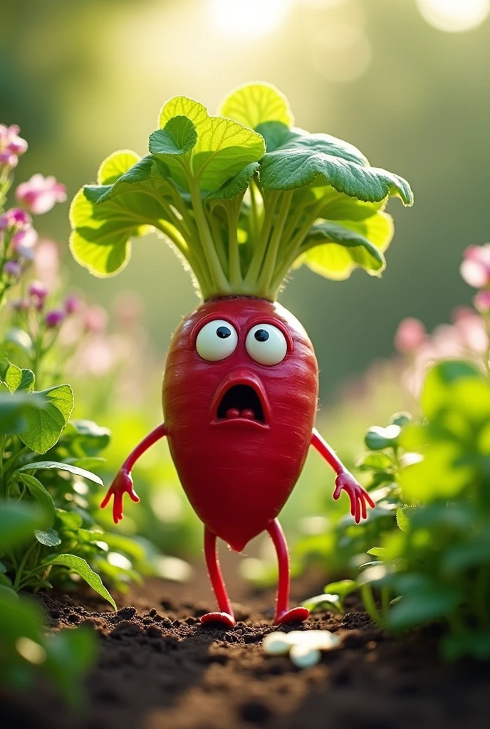 Surprised female radish with eyes and legs in the garden