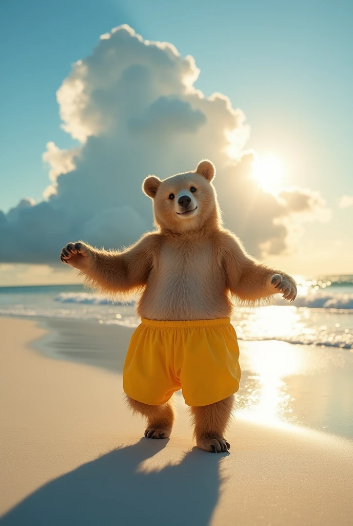 A bear deformed into an egg shape。Yellow boxer shorts、Dancing joyfully、A large cumulus cloud in a clear blue sky、White sand beach、Falling sun、the brightness of 2 PM and strong shadows、