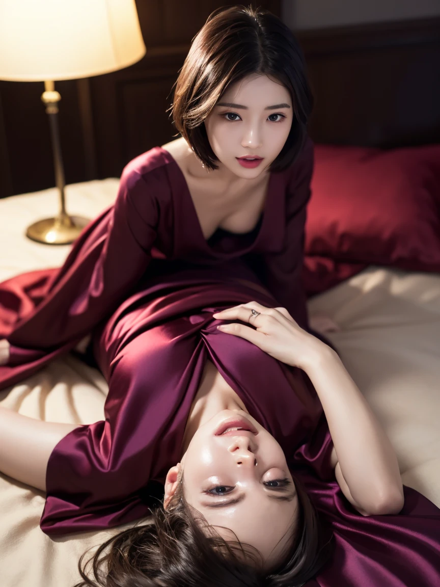masterpiece:1.2, Very detailed, Ultra-high resolution, Realistic, photo Realistic:1.6, High-resolution RAW color photos, Professional photos, Sharp focus:1.2, Very detailed顔と肌の質感, Very beautiful eyes, Glossのある肌, Glowing Skin, Glowing Skin, Shining Face, Gloss, Oily skin, greasy face, Oily skin, greasy face,, real Glossのある肌 texture, Perfect Anatomy, Very detailed背景,(Luxury resort at night),1 female,25-year-old woman, Japanese women,height: 168cm,short hair, Straight hair, bangs, Brown Hair,((Flat Chest:1.6)),Slender legs, (A super luxurious silk dress in a sexy, gorgeous, and elegant wine red.:1.6),((Disheveled clothes:1.9,naked:1.4)),Luxury earrings、Luxury Necklace,(Lie on your back:1.6),((((ejaculated:1.8))))