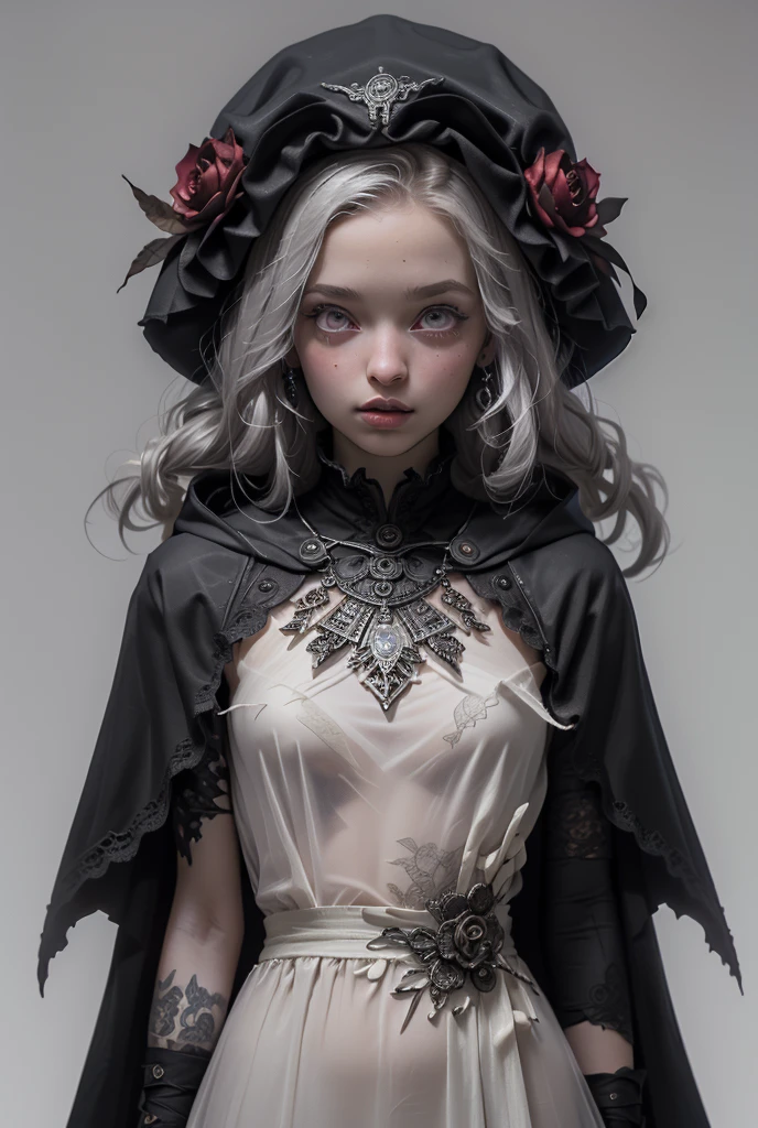 (((masterpiece, of the highest quality, super detailed))), hand drawn style, hand painted style, watercolour, sketch, a knight, white background, plain background, Bloodborne inspired, tatty Bloodborne attire, occult aesthetic, occult, tatty red and white clothing detailed and intricate steampunk and detailed gothic lolita (with a hood), diadems, long coat, very thin long legs, Complex laced boots, Fluttering lace flared long knee length dress with frilly petticoats, long dress, knee length dress, petticoats gothic lolita, beautiful small breasts, (((( Highly detailed face))), small thin nose, Small thin lips mouth, (((Very sharp focused eyes))), Very large slit precision pale grey eyes that shine like jewels. very long eyelashes, Silver hair swaying in the wind, Emitting a dazzling light in a mandala pattern, white background, Very dramatic and cinematic lighting, tatty damaged old red and white clothing, full body, whole body, body, cosmic horror, grim dark