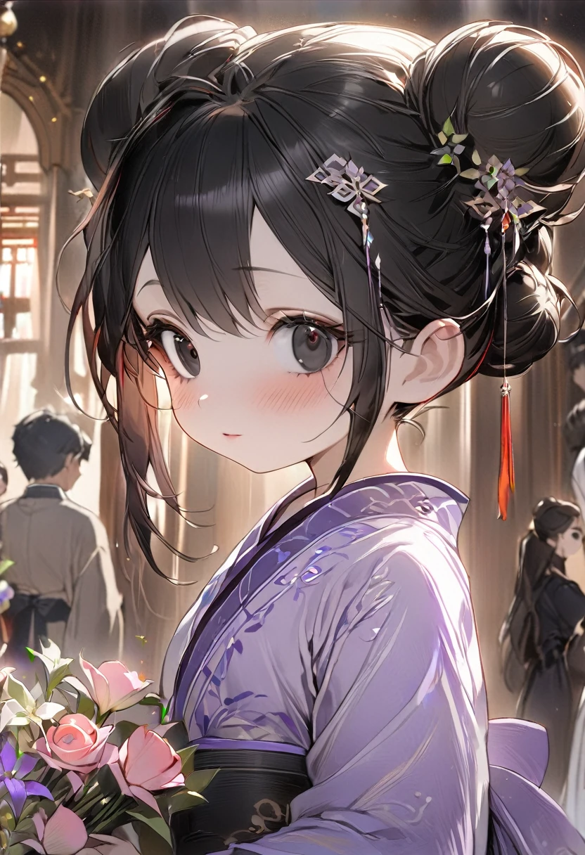 ((best quality)), ((Masterpiece)), (details), 1 girl, (girl:6 years old, black hair, black eyes, buns), cute, Sparkly eyes, Beautiful skin , Hanfu, ancient chinese dress, Masterpiece, detailsสูง, Cute atmosphere, hair accessories, ((Send flowers to the person who is watching.:1.3)), Within the palace, Your Highness.