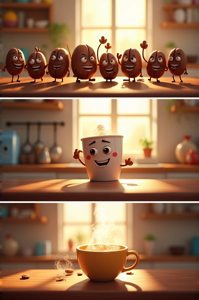 Make a 3 scene comic strip aboit solution. Where in the characters are food or the ingredients. Where in there are coffee beans, sugar, milk mix together to form coffee. This is for science project.
