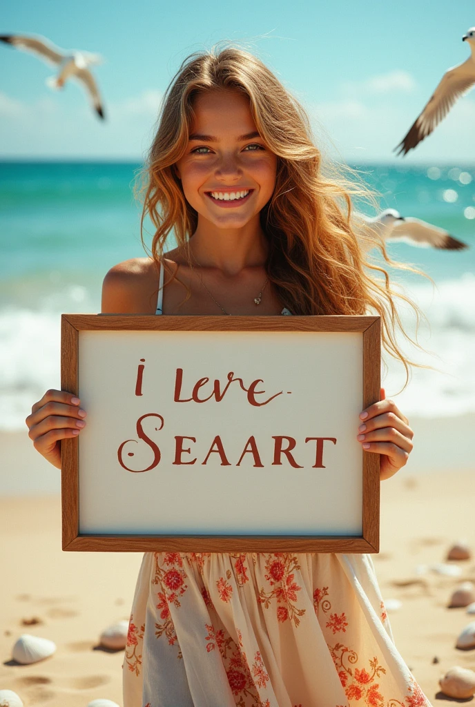 Beautiful girl with wavy long hair, bohemian dress, holding a white board with text "I Love Seaart Infinity" and showing it to the viewer