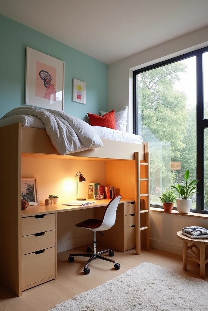 Modern simple teenage Bedroom with bed in the upper area and study room in the lower of the bed area 