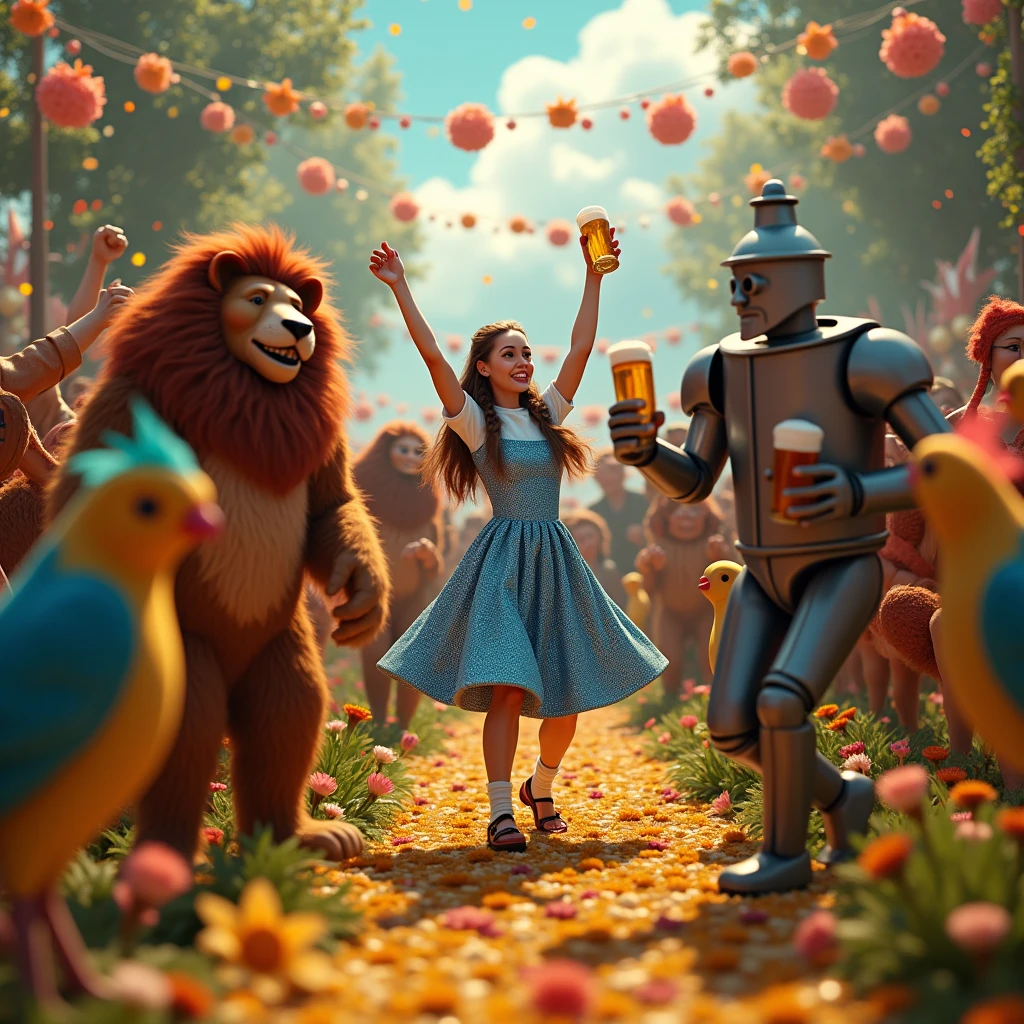 A captivating and mesmerizing ultra-detailed 3D image that presents a festive and joyful moment from the enchanted world of Oz.The iconic characters, Dorothy, Spanish birds, Lion, and Ojalata Man, They are seen dancing ska with their fists raised and beers in their hands, celebrating a pagan festival. The background shows a lively atmosphere, showy, and the mystical atmosphere, with a mix of modern and traditional elements. The characters are beautifully rendered with intricate detail., transporting the viewer into this immersive and animated environment., portrait photography, illustration, 3d rendering