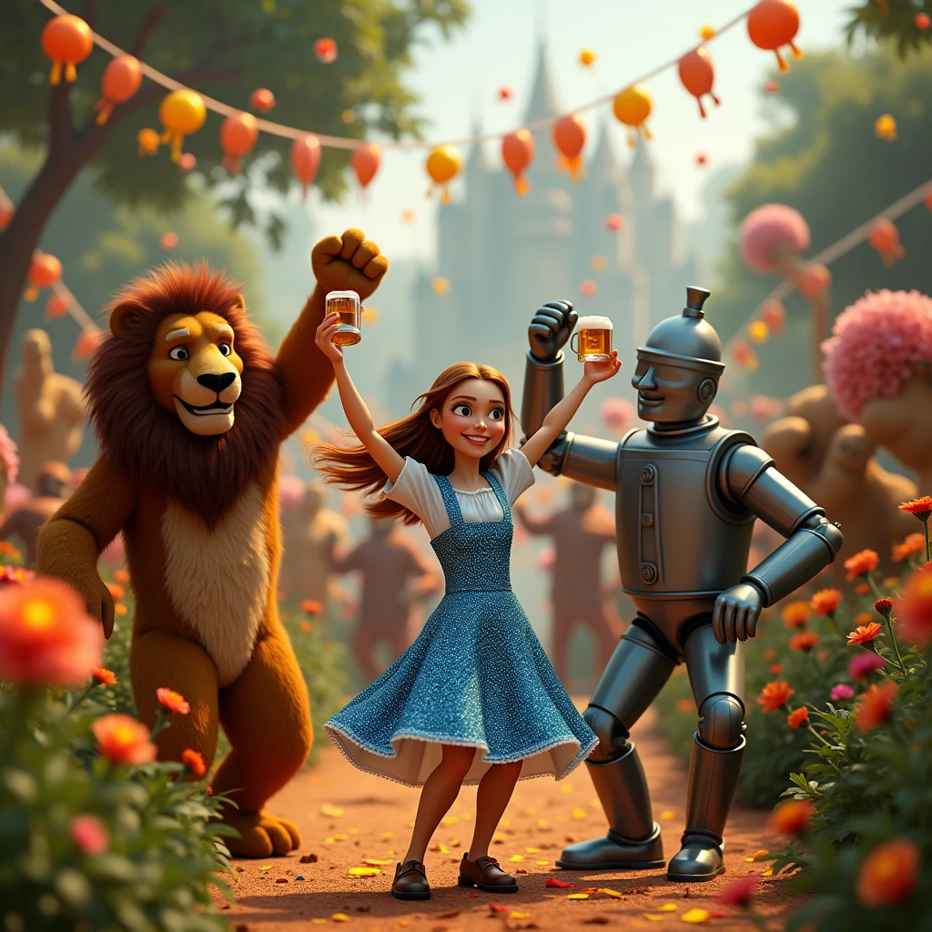A captivating and mesmerizing ultra-detailed 3D image that presents a festive and joyful moment from the enchanted world of Oz.The iconic characters, Dorothy, Spanish birds, Lion, and Ojalata Man, They are seen dancing ska with their fists raised and beers in their hands, celebrating a pagan festival. The background shows a lively atmosphere, showy, and the mystical atmosphere, with a mix of modern and traditional elements. The characters are beautifully rendered with intricate detail., transporting the viewer into this immersive and animated environment., portrait photography, illustration, 3d rendering