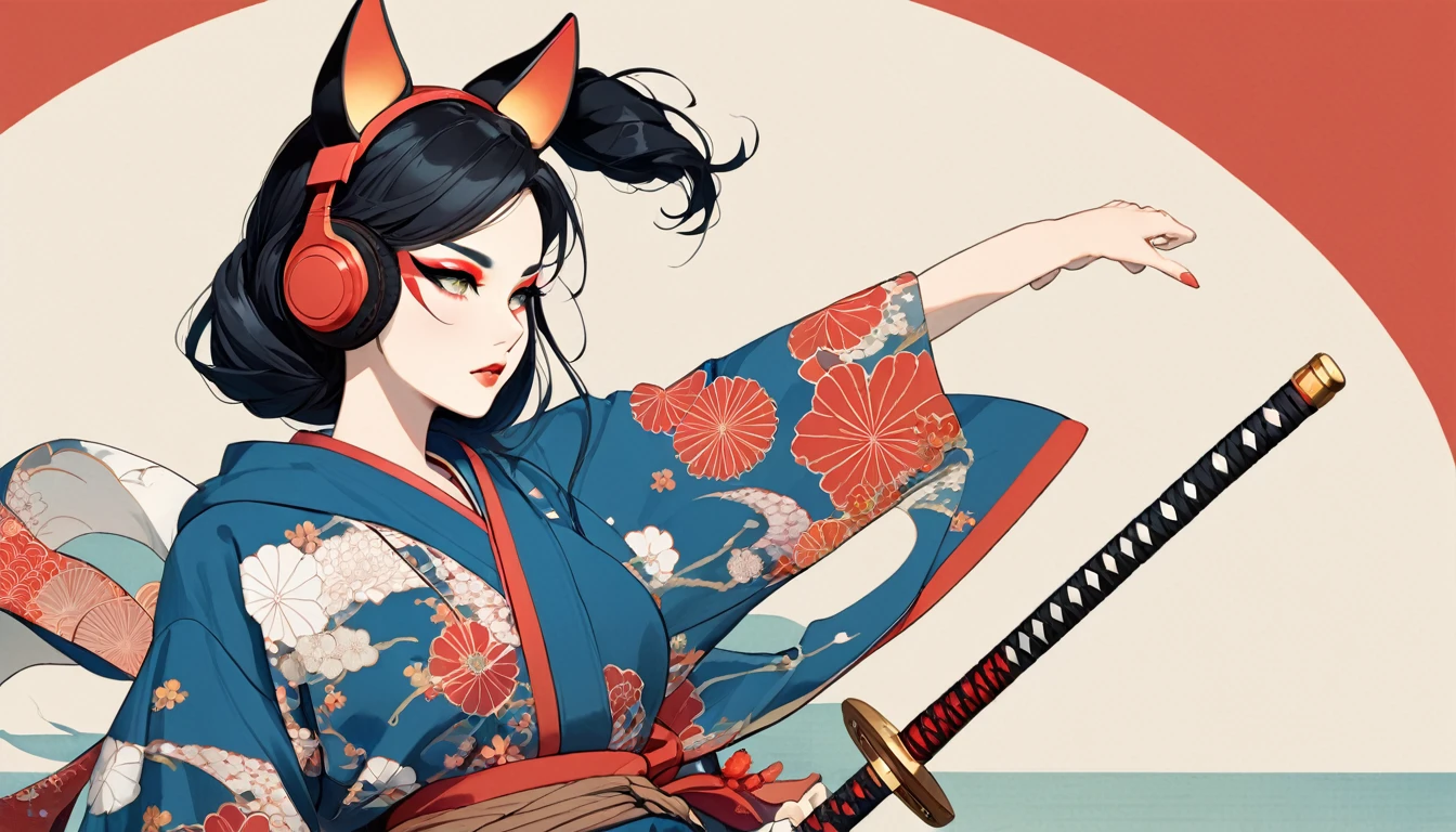 (((1 girl))), (((Flashy makeup))), (((Japanese style headphones))), (((Japanese pattern hoodie))), (((Japanese sword))), (((Female samurai))), Japanese beautiful girl, big breast,Black Hair, Delicate and precise, Modern ukiyo-e style, Japanese flag, red and blue neon