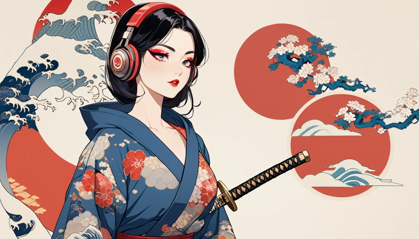 (((1 girl))), (((Flashy makeup))), (((Japanese style headphones))), (((Japanese pattern hoodie))), (((Japanese sword))), (((Female samurai))), Japanese beautiful girl, big breast,Black Hair, Delicate and precise, Modern ukiyo-e style, Japanese flag, red and blue neon