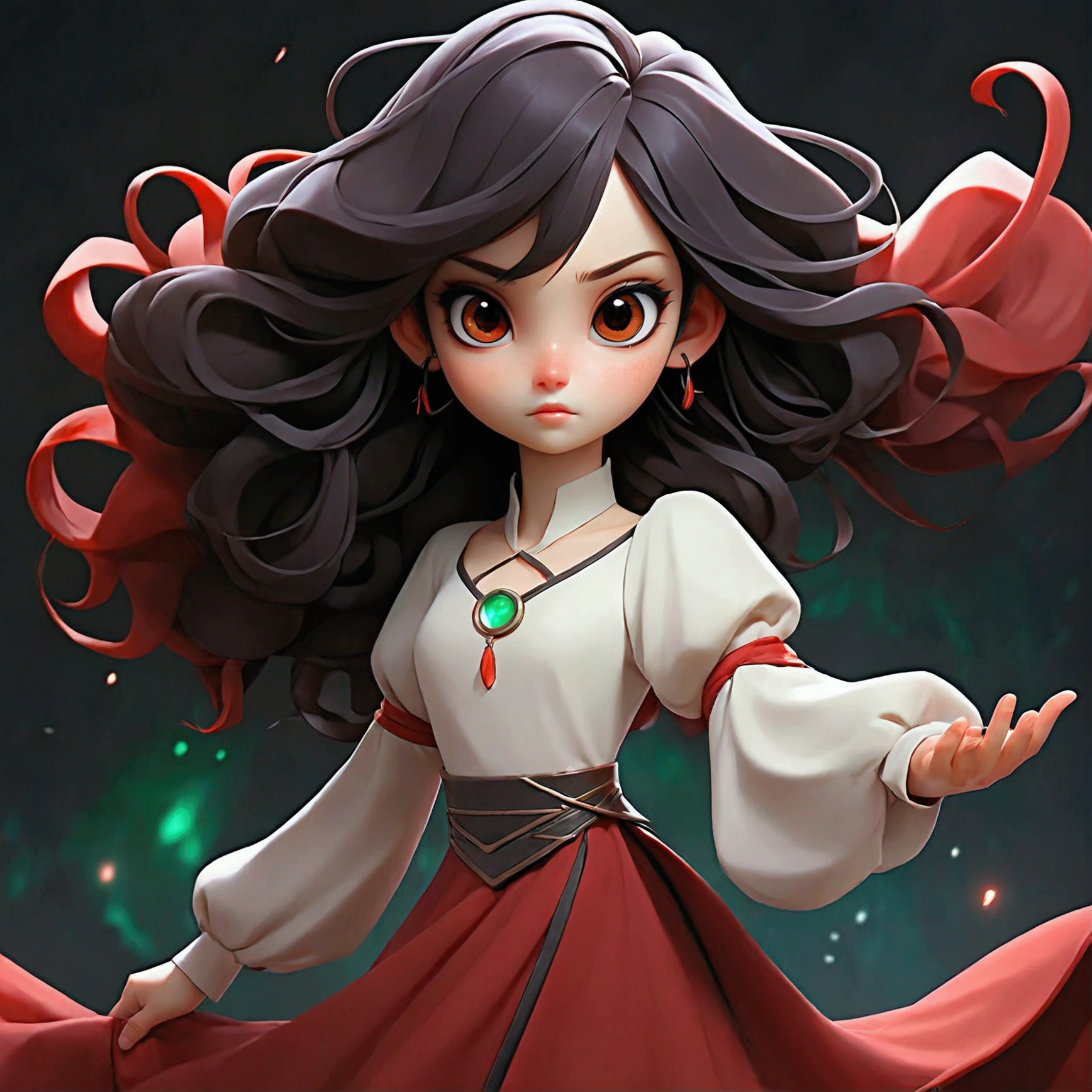 The android girl is a humanoid. Her eyes are red, the iris looks like a diagram. The girl has long black hair, a long black dress. There are black and red colors in the design of this character. The girl is slightly floating in the air in a graceful pose, with a small red circle (glowing) on her left neck. There are glowing red patterns on her body. The hem of her dress does not touch the floor. The dress is longer than her legs. The girl is floating in the air. The hem of the dress is red at the very bottom. Above, it turns gradiently into black. The girl has a cold skin color. A cold look without emotion. There are also a lot of futuristic elements on her dress. The whole concept is made in the anime style. She has lush hair and the hem of her dress. The hair and hemline seem to be weightless and also float in the air. Her skin color is human, but at the same time cold. The white of her eyes is white. She looks like an anime girl. Her dress is very thoughtful with a lot of beautiful design. In some ways, the girl's design resembles the girl from the anime Vivy song of the fluorite eye.