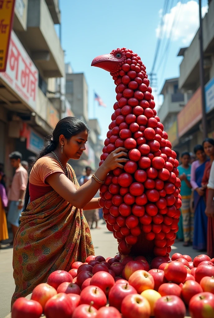 A indian poor woman is making a big crow out of apples on road people are watching
