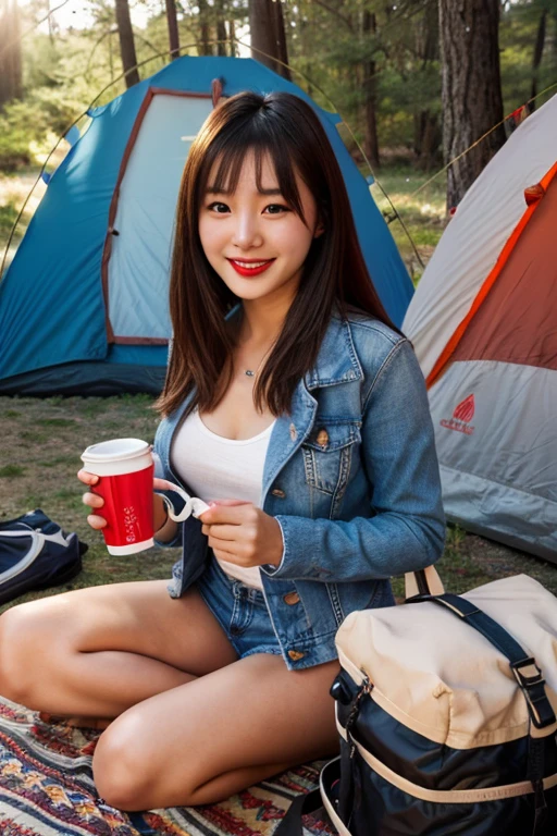 1 Korean girl, 20 years old, strikingly beautiful, black hair, delicate facial features, red lips, expressive eyes, best quality, ultra resolution, ultra detail, camping, happy, smile, nature, trees, tent, camping_chair, camping, fire, roasting_marshmallows, drinking hot coffee, book, map, backpack, picnic_blanket, flowers, butterfly, sunny day, hiking boots, denim shorts, jacket, perspective, long hair, breasts, smile, bangs, hair ornament swept bangs, hair bobbles, {{{{{full body}}}}}, wide shot:1.3, perfect anatomy, slim body, long legs,
