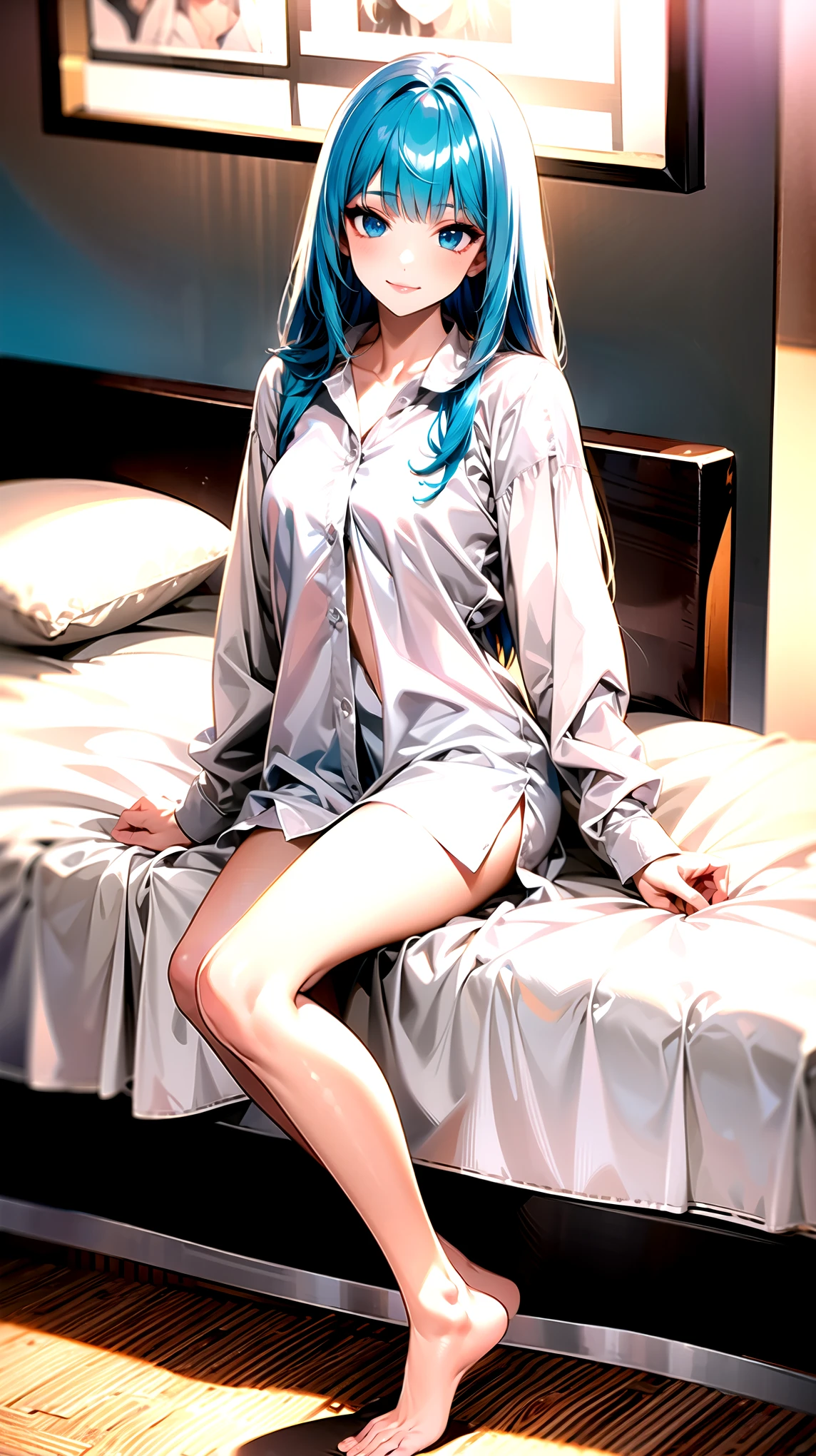 ((super high quality,Ultra-high resolution,4K,8k,super masterpiece,Ultra HD ,Detailed shading)),Full body photo,A room where the morning sun shines,Sit on the bed,1 high school girl,popped collar White shirts,Long sleeve,Straight emerald blue hair that extended to her shoulders,Side-swept bangs,Light blue eyes,Sharp gaze with raised eyebrows,smile,