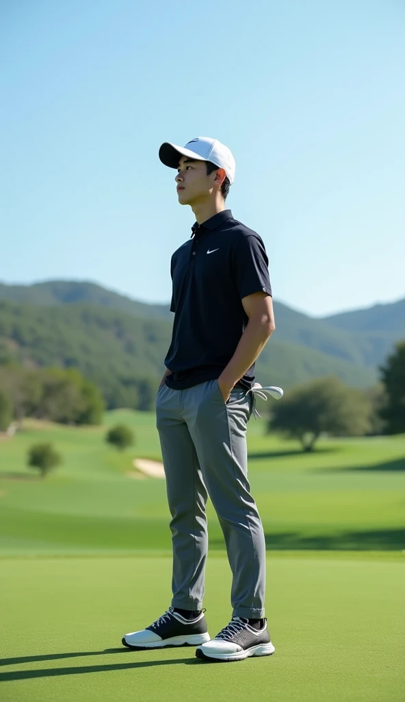 Make a picture of a handsome Korean male golf player, 50mm lens, The shoes are Nike, The hat is Nike,