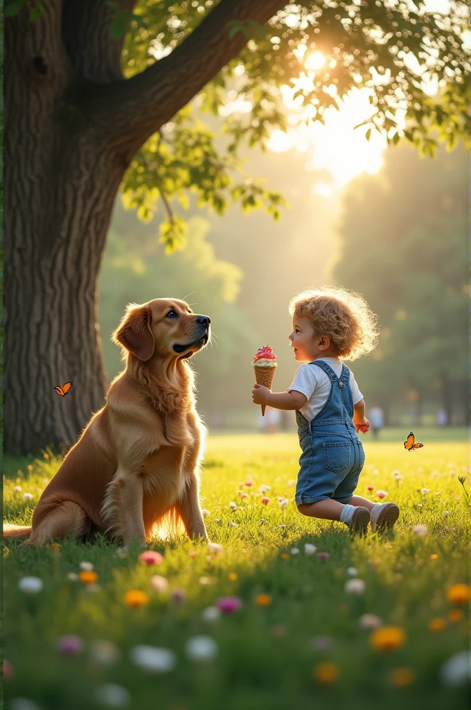 Create images of the following story 

*The Story of a Dog and his Friend*

1. *Image: A lonely dog in a park*. A dog feels lonely in an empty park.

2. *Image: A child plays in the park*. A child arrives at the park and starts playing.

3. *Image: The dog and the child meet*. The dog approaches the child and they meet.

4. *Image: The dog and the child play together*. The dog and the child start playing together, running and laughing.

5. *Image: The dog and the child sharing an ice cream*. The child offers the dog an ice cream and they share a happy moment.

6. *Image: The dog and the child hugging*. The dog and the child hug, they are best friends now.

I hope you enjoy this simple story filled with friendship and happiness. 