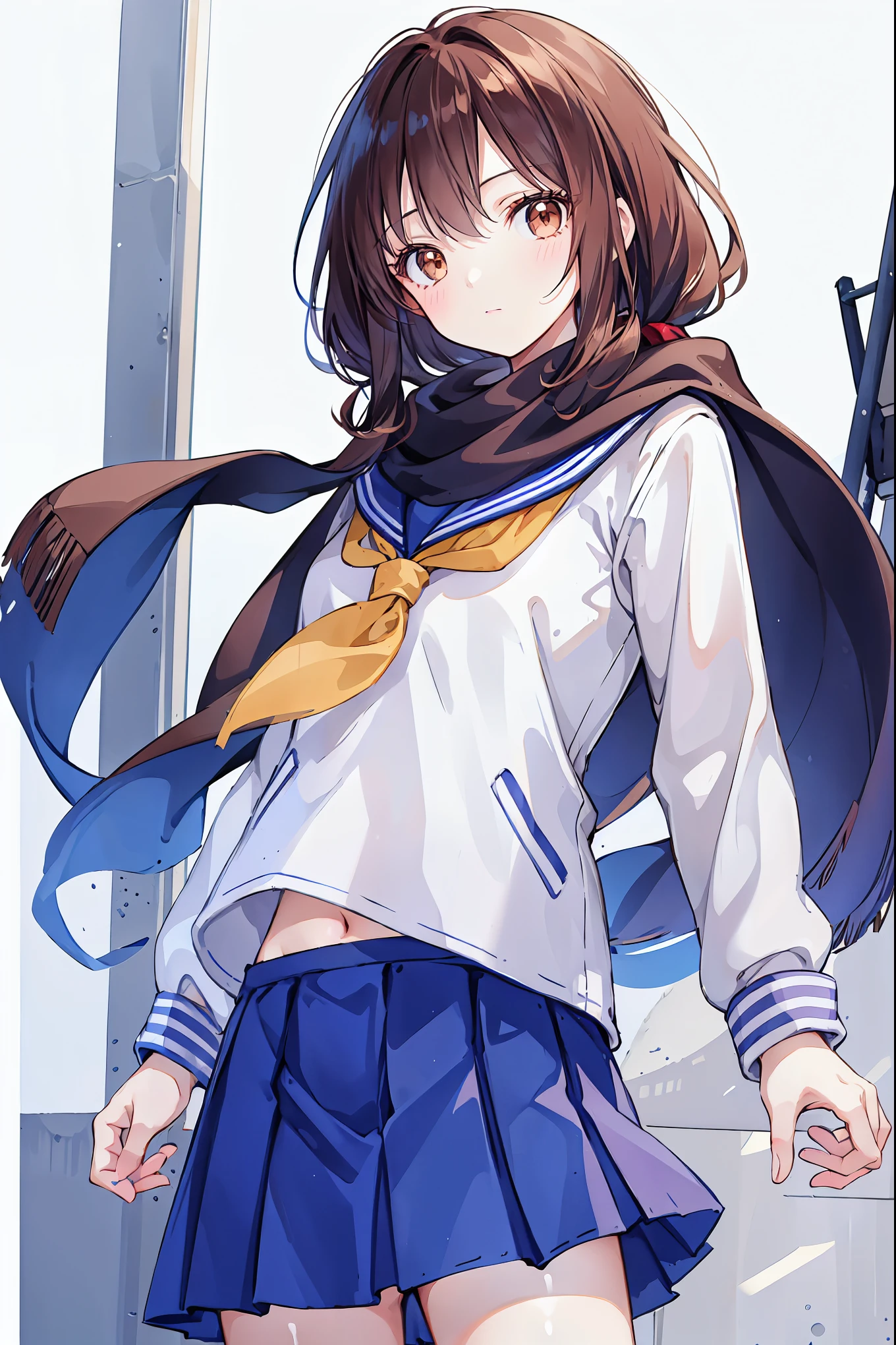 One person, high school girl, Long Hair, Brown Hair, Sailor suit, Brown eyes, scarf, White Background，Brown Hair，Shortcuts，Slender beauty