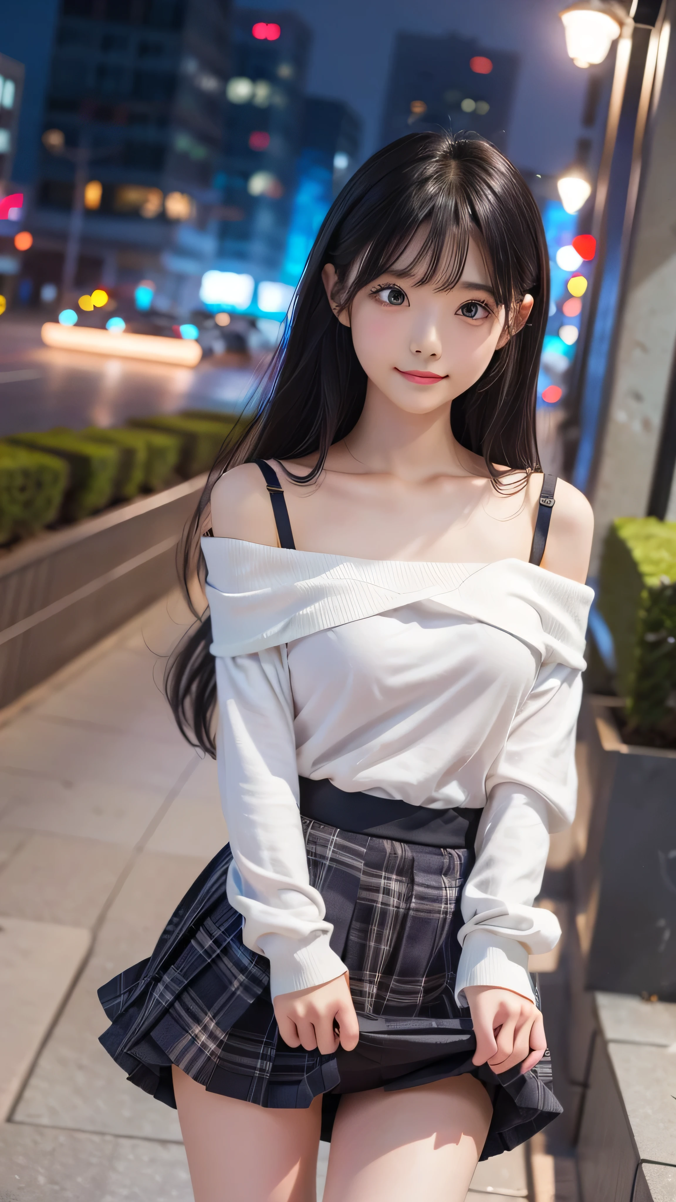1、black_skirt、Blue_hair、building、City、Cityscape、hair_between_eyes、Jacket、looking_at_viewer、medium_hair、multicolored_hair、multiple_boys、night、off_shoulder、Outdoor、pleated_skirt、the way、shirt、skirt、Skyscraper、smile、solo_focus、street、white_shirt