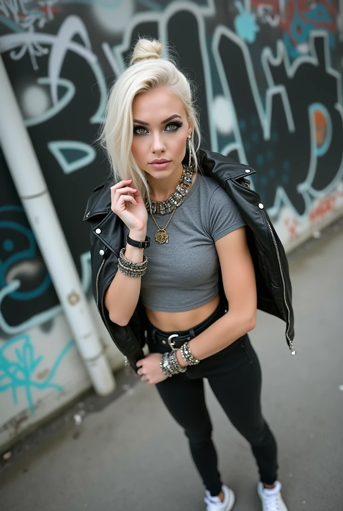 russian woman, platinum blonde hair in top bun ,with very light blue eyes, very pale, heavy eye shadows. Big eyes, smeared make up. Wearing black moto jacket, cropped metal band t-shirt , black skinny jeans and white tennis sneakers. Lots of metallic braceles and collars. Tacky leather belt with oversized buckle. Wide loop earrings. Arms akimbo, spread legs