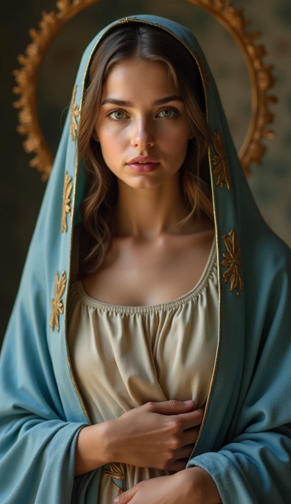 A realistic photo of a very beautiful young Virgin Mary, , Reddish beige tunic, Blue cloak and veil, Halo, Clear facial features with crisp, realistic detail, Staring at the camera with moist eyes, Sony FE, 35mm, Cinema Lighting, Attention to detail, UHigh resolution, high quality, High resolution, 8k, 16K