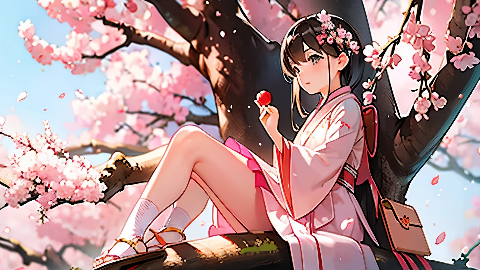 Pink cherry blossom tree,The is sitting under the tree.,Children wearing Hanfu,Petals in hand。