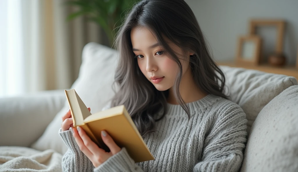 beautiful girl, dark gray hair below the shoulder, with bright, sparkling eyes, Shiny skin, Beautiful nails, pearl skin, in a light gray voluminous knitted sweater, Beautiful detailed fingers, professional photo, 4K, a high resolution, high detail, aesthetically pleasing, Beautiful, realistic, sitting on the couch, looks straight, beautiful long nails, holding a golden book against the backdrop of a white living room.