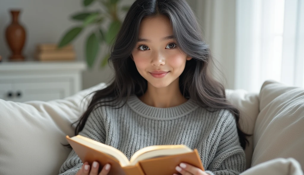 beautiful girl, dark gray hair below the shoulder, with bright, sparkling eyes, Shiny skin, Beautiful nails, pearl skin, in a light gray voluminous knitted sweater, Beautiful detailed fingers, professional photo, 4K, a high resolution, high detail, aesthetically pleasing, Beautiful, realistic, sitting on the couch, looks straight, beautiful long nails, holding a golden book against the backdrop of a white living room.