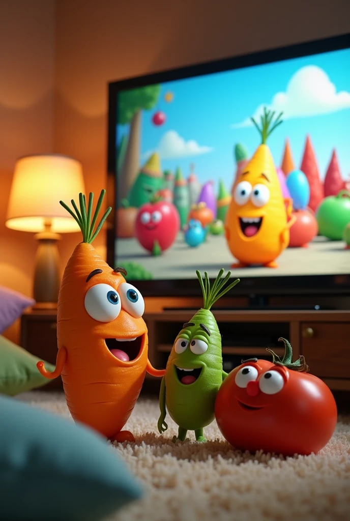 Vegetables with eyes sit next to a big TV screen.