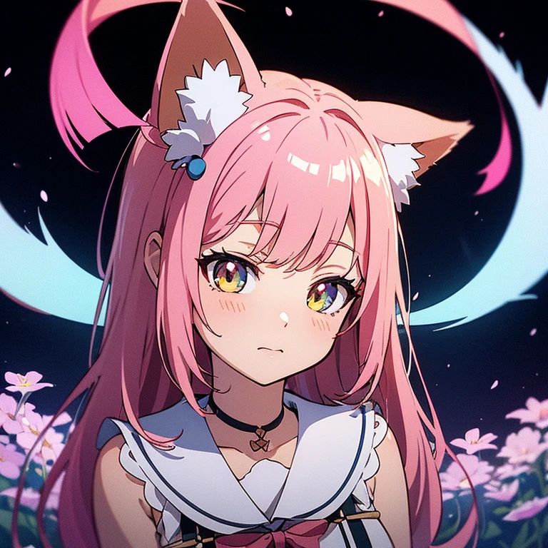 Nine snow-white fox tails (1.0), Milky fox tail (1.0), Fox close-up with nine tails, nine tails, nine tails, Anime girl with pink hair and a pink dress with flowers in her hair, very beautiful anime girl-лиса, beautiful anime girl-лиса, beautiful fantasy anime, Gouvez, Anime girl with fox ears, beautiful anime girl, Very beautiful and cute fox girl, Pink flower rain, background blur, anime style 4k, anime fantasy artwork, 4k anime wallpaper, work in Gouves style.