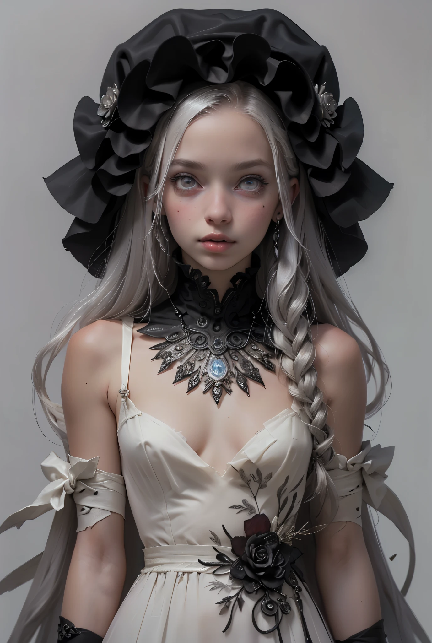 (((masterpiece, of the highest quality, super detailed))), hand drawn style, hand painted style, watercolour, sketch, a knight, white background, plain background, Bloodborne inspired, tatty Bloodborne attire, occult aesthetic, occult, tatty red and white clothing detailed and intricate steampunk and detailed gothic lolita (with a hood), diadems, long coat, very thin long legs, Complex laced boots, Fluttering lace flared long knee length dress with frilly petticoats, long dress, knee length dress, petticoats gothic lolita, beautiful small breasts, (((( Highly detailed face))), small thin nose, Small thin lips mouth, (((Very sharp focused eyes))), Very large slit precision pale grey eyes that shine like jewels. very long eyelashes, Silver hair swaying in the wind, Emitting a dazzling light in a mandala pattern, white background, Very dramatic and cinematic lighting, tatty damaged old red and white clothing, full body, whole body, body, cosmic horror, grim dark