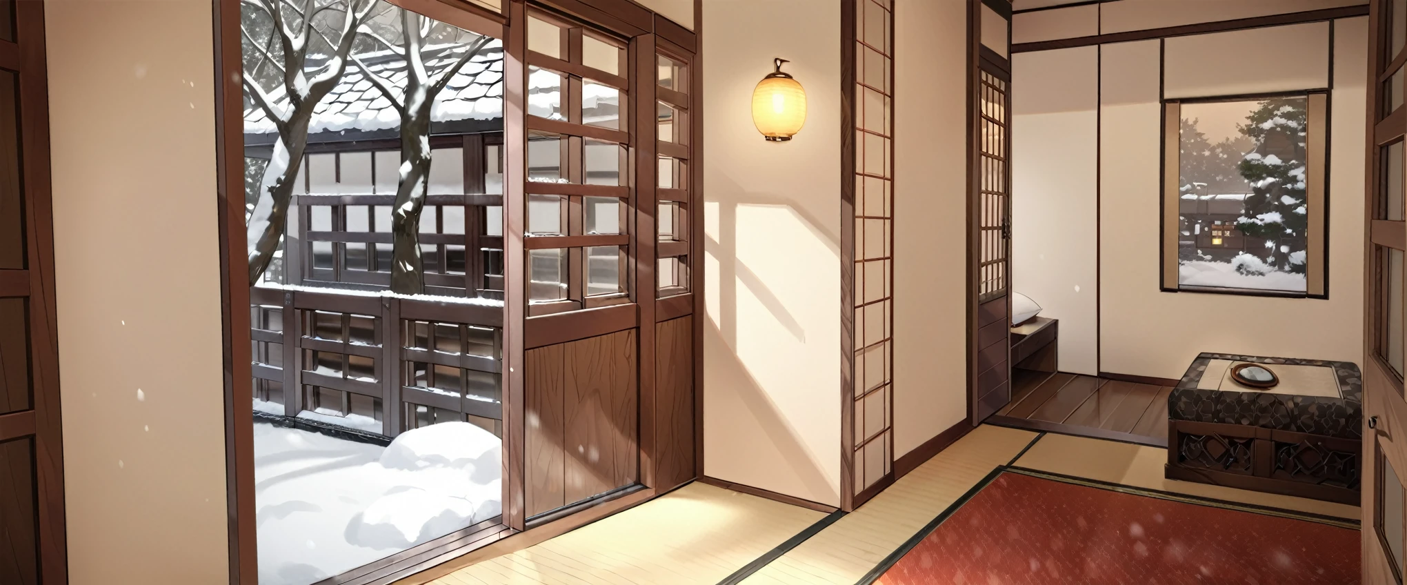 Masterpiece Best Quality Highest quality High resolution One person Fleet Collection_Asahi Dark brown hair Flushed expression Japanese-style room Entering the Lamp The view outside the window is a snowy scene.