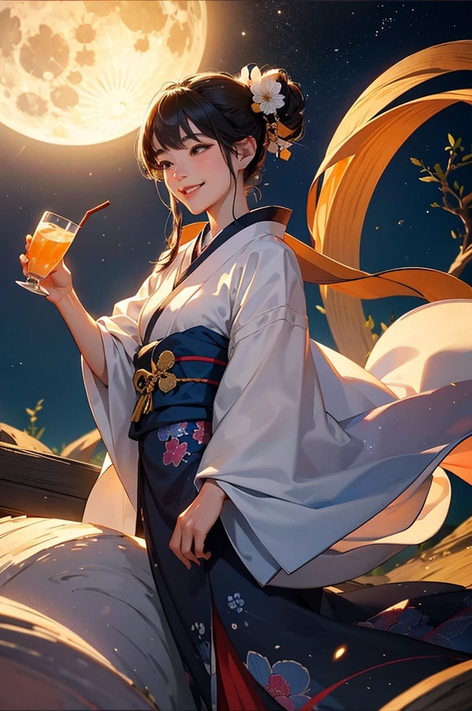 A beautiful woman in a kimono is smiling as she enjoys a drink from a sake cup on a starry full moon night.