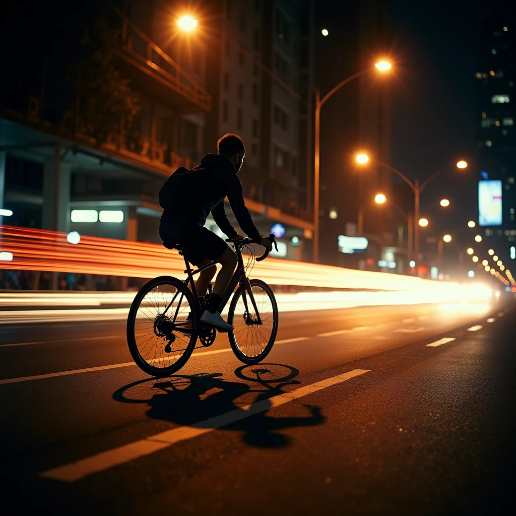 In the city at night, a cyclist forms a beautiful landscape under the street lights. Use long exposures to capture the movements of cyclists and the lights of the city. Beautiful cinematic lighting, surreal, RAW photo, color graded, dynamic movement, captivating chiaroscuro, full body, award-winning, cinematic still, emotional, vignette, dynamic, vivid, (masterpiece, best quality, photorealistic, Professional, perfect composition, very aesthetic, absurdres, ultra-detailed, intricate details:1.3)