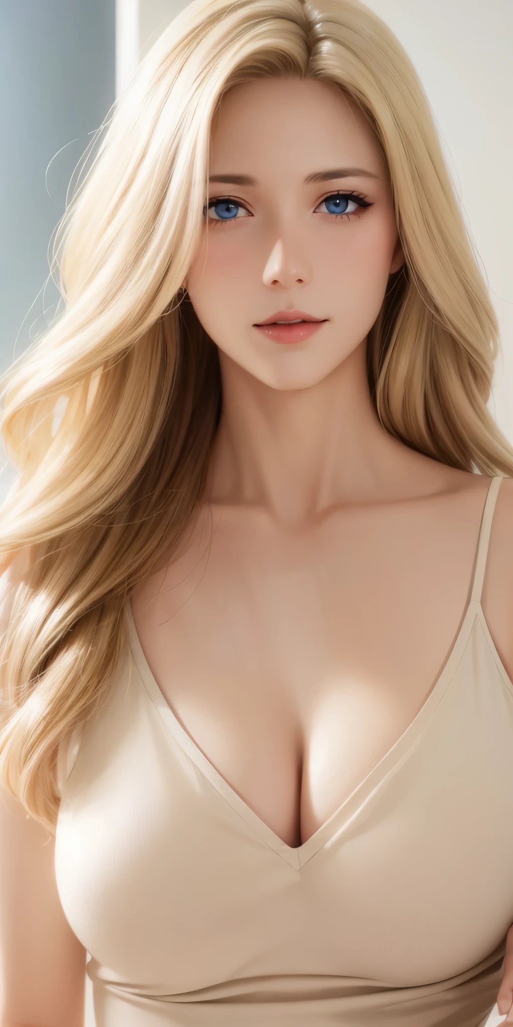 Elegant mature woman, blue eyes, blonde hair, soft light, 4k resolution, high quality, beautiful cg, high detailed
