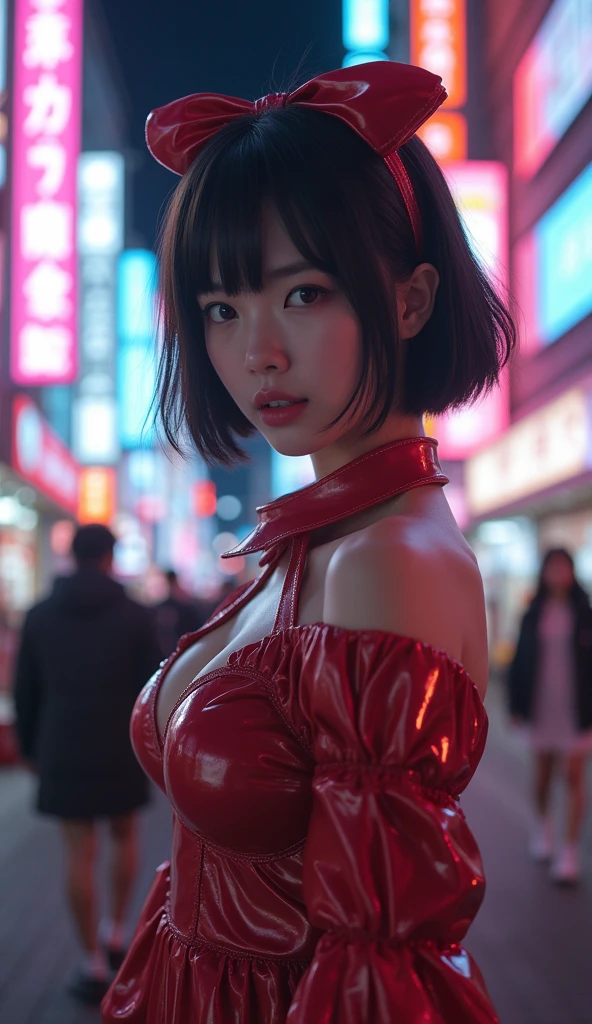 (masterpiece, ultra-detailed, ultra-realistic, best quality, clear focus, photorealistic), (ultra-high resolution, 8k:1.3), cinematic color-grading film, dramatic scenes, shadow, global-illumination, professional light, soft light, (full body:1.3), (perfect anatomy), perfect face, (detailed face, detailed eyes:1.3), (1 beautiful Japanese idol but cosplayer:1.2), (wearing cosplay costume at Akihabara Tokyo:1.3), acting as a character, (very large breasts), (very beautiful face), (thin lips)