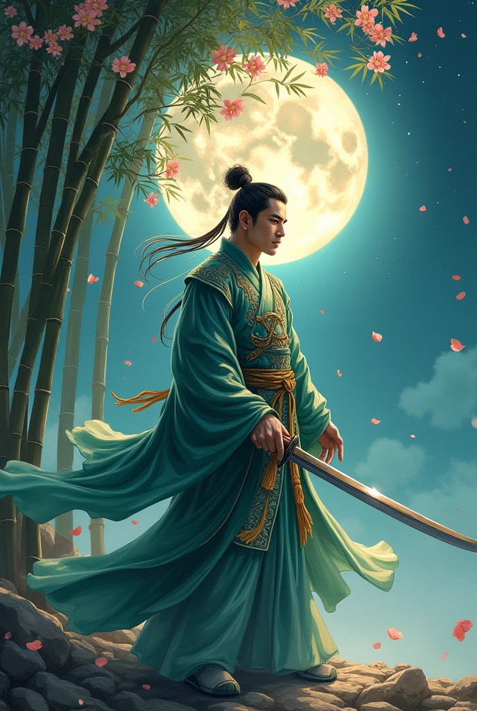 Draw a handsome swordsman wearing flowing ancient Chinese clothes.