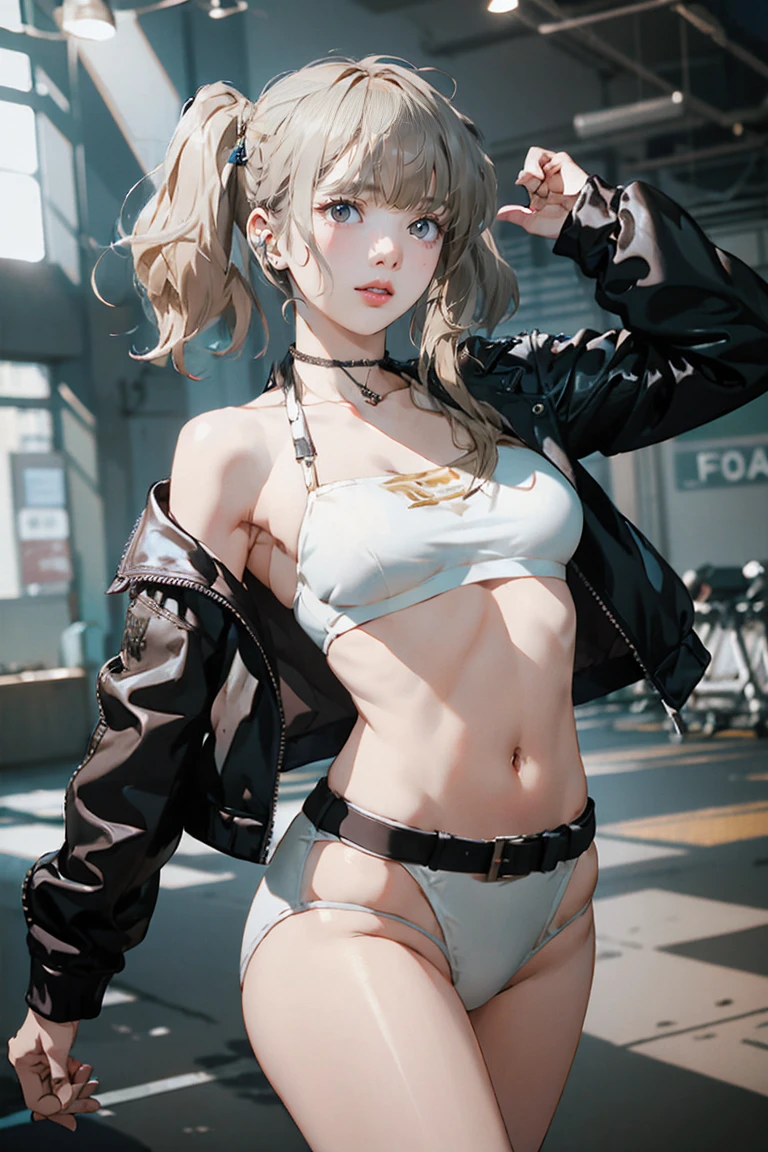 Realistic:1.2, Rocker girl in leather jacket,Slim figure、Normal bust size、 highly Realistic photograph, whole body, NSFW, Spiked clothing,White tank top、Navel exposed、Leather high leg bikini pants、tattoo,Earrings Dark lipstick, blue eyes,Blonde twin tail hair,Black Ribbon, Beautiful and perfect legs, Confident expression, Punk Style ,Dynamic pose, Dynamic Lighting, Bright colors, Large Breasts, (Adult female body),Small waist