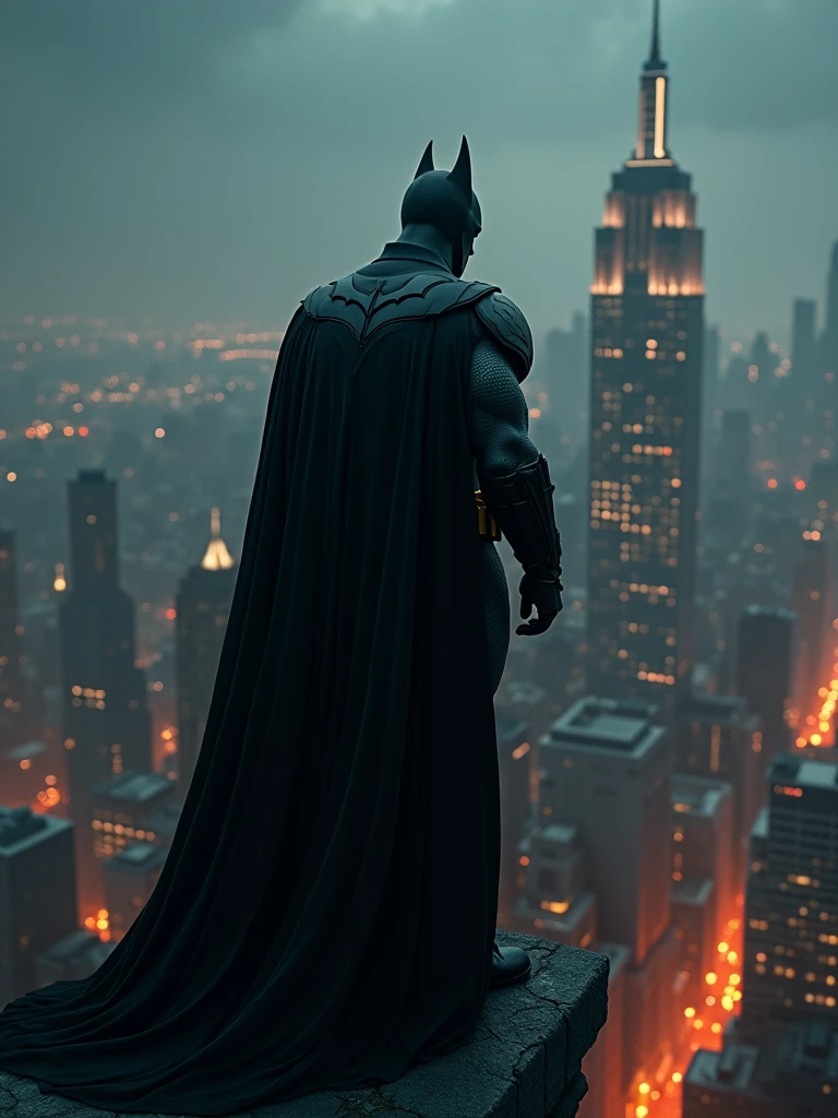 (masterpiece:1.2), (best quality:1.2), 8k, HDR, ultra detailed, ((photorealistic)), professional light, cinematic lighting, fashion photography, ambient lighting, background, Gotham City, Darkness, epiCPhoto, fire, Batman.
