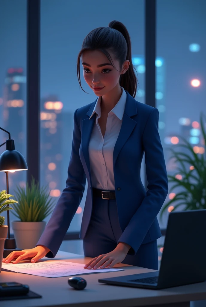 An girl wearimg blue office suit in the office at night 3d animated render