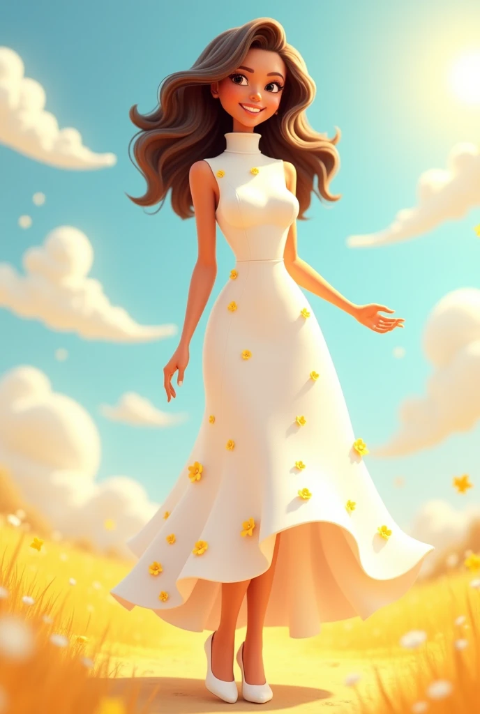 A 3d cartoon picture of a beautiful young woman looks stunning in her white turtle-neck dress, which cascades elegantly below her knees and features a pattern of tiny yellow flowers. Her golden skin complements the dress's light hues, while her brunette curly hair adds a touch of texture and volume. White heels complete her chic and sophisticated look.