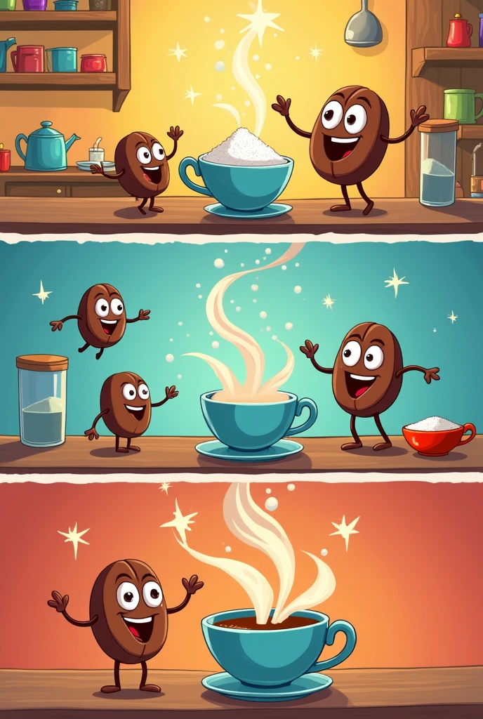 Make a 3 scene comic strip aboit solution. Where in the characters are food or the ingredients. Where in there are coffee beans, sugar, milk mix together to form coffee. This is for science project. It should show the sugar, milk and coffee being poured into the cup. The coffee beans and sugar must be preparing to jump on the cup on the second scene