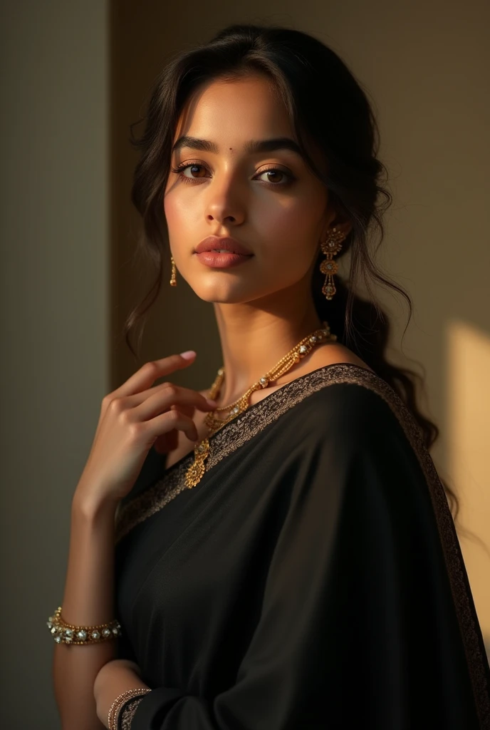 a beautiful young indian girl, 23 years old, wearing a black saree, porcelain white skin, extremely detailed portrait, high quality, realistic, photorealistic, 8k, best quality, masterpiece, sharp focus, physically-based rendering, vivid colors, intricate details, elegant pose, serene expression, soft lighting, warm color tones
