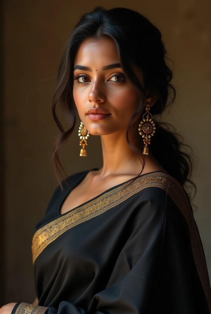 a beautiful young indian girl, 23 years old, wearing a black saree, porcelain white skin, extremely detailed portrait, high quality, realistic, photorealistic, 8k, best quality, masterpiece, sharp focus, physically-based rendering, vivid colors, intricate details, elegant pose, serene expression, soft lighting, warm color tones