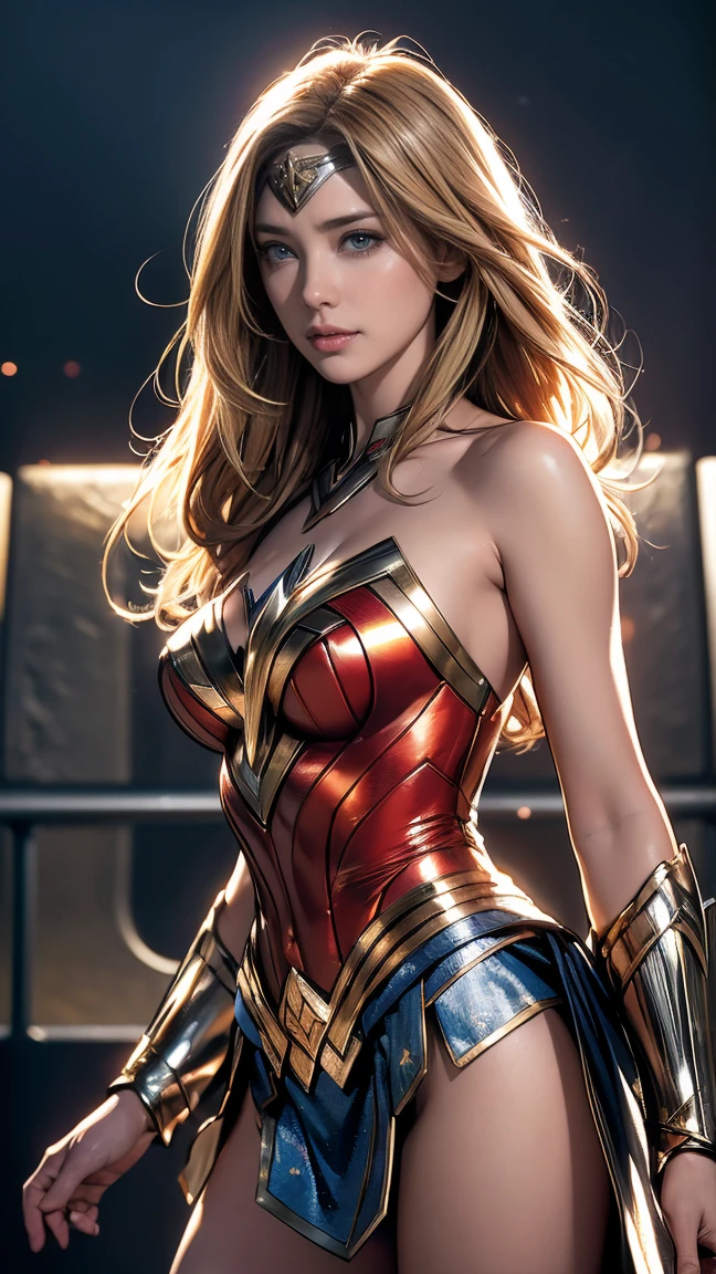 (Highest quality,4K,High resolution:1.2),Very detailed,(Realistic:1.37),Beautifully structured scenes,Dramatic lighting, Wonder Woman from a close-up shot in DC, Twisted space, twisted undead in the background,lens blur,Light Shaft, intricate and complex details, Volumetric lighting, 4K Rendering, Stock Photo, hyperRealistic texture, HDR lighting effects, Unreal Engine,SHY SMILE,Standing gracefully、Blonde long hair、Long hair that reaches down to the toes、Removing the bulletproof guard from the hand、右手で左Removing the bulletproof guard from the hand、Undressing、Removing the hand attachment、Take off only the upper body、Starts taking off costume、Embarrassed to take off