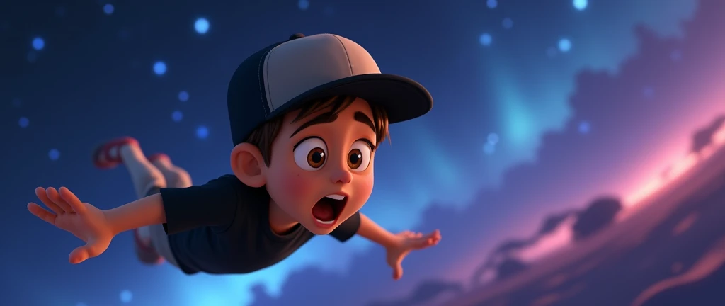( male character) from a young boy's animated movie in the Disney Pixar style, high qualiy, best qualityer , beautiful face brown skin, short straight hair , beautiful eyebrow , wears black shirt , wears a backwards cap, teenage boy, is flying in space time in the galaxy, Facial expression, desperate, comedy screaming with fear , Time travel , flight floats, magie , entering the computer screen, being sucked , teletransporte