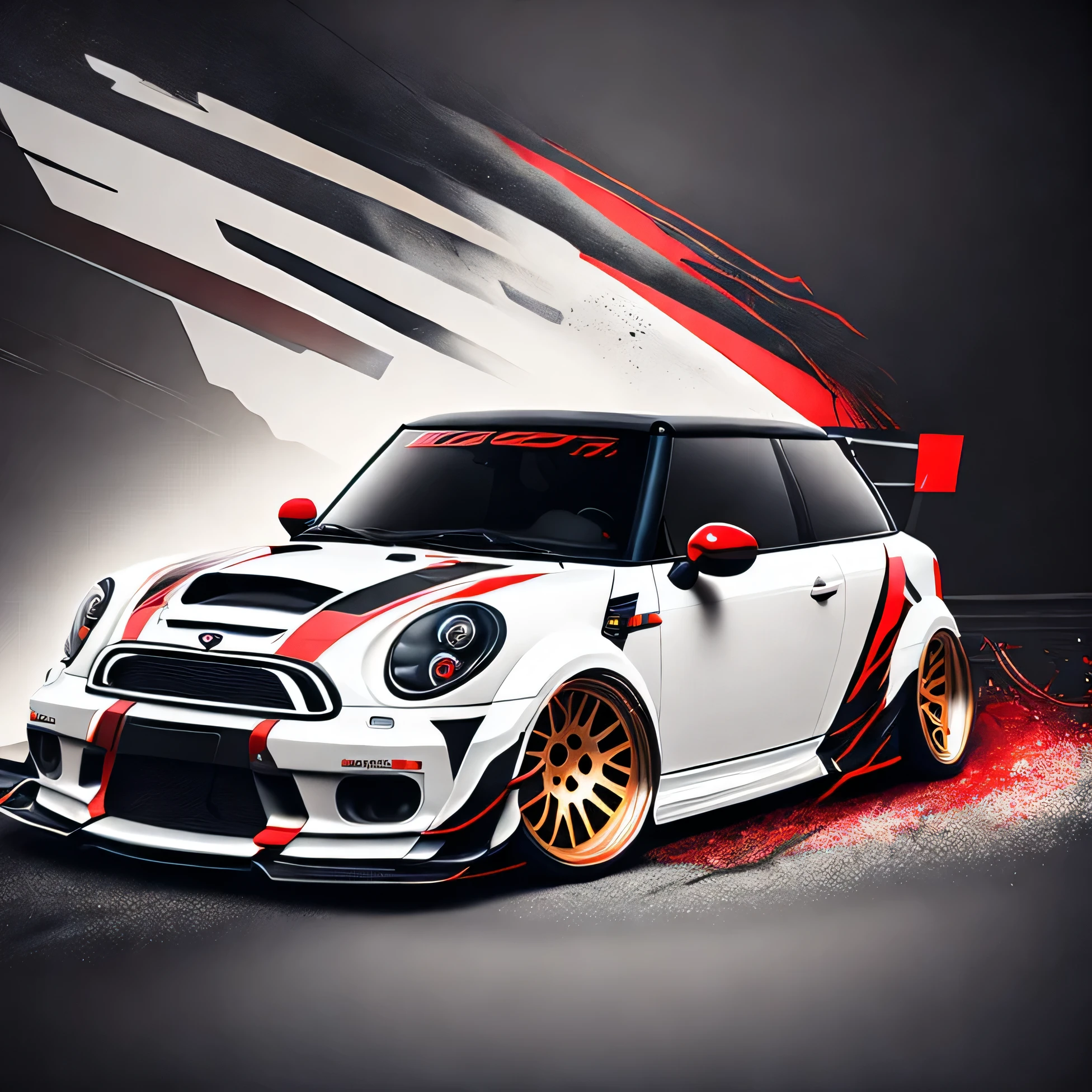 Zephyr Designz splash style Artwork for t-shirt graphic design front profile shot r53 Mini Cooper S white and red colour scheme, Zephyr Designz carbon fibre body kit design, Liberty walk ultra wide body kit, aggressive stance background: racetrack, outside old industrial style building, large windows in background, bright sky, heavy industrial look, 8K quality, realistic, realism, sharp, detailed, ultrawide, ,epic ultra wide body kit, super low stance, aggressive looks , vector image